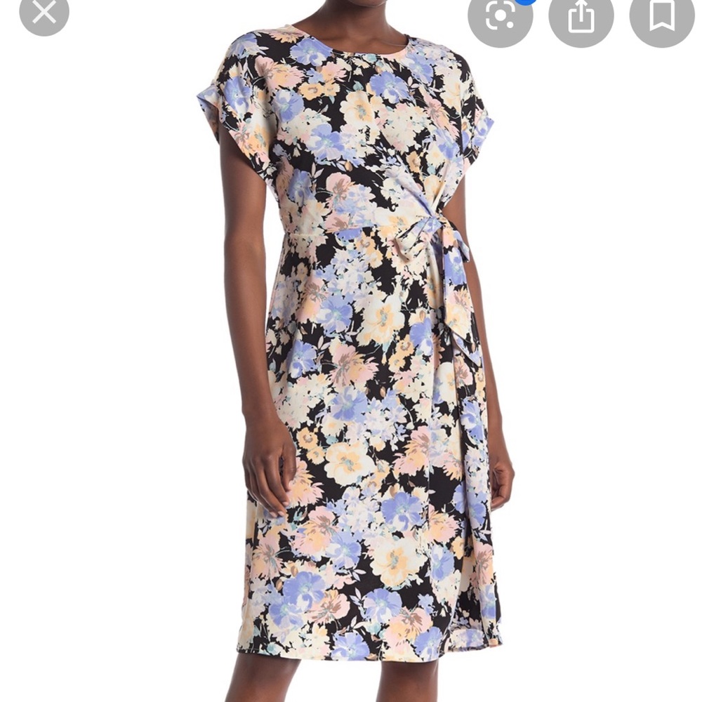 Bobeau Cap Sleeve Side Tie Floral Printed Dress